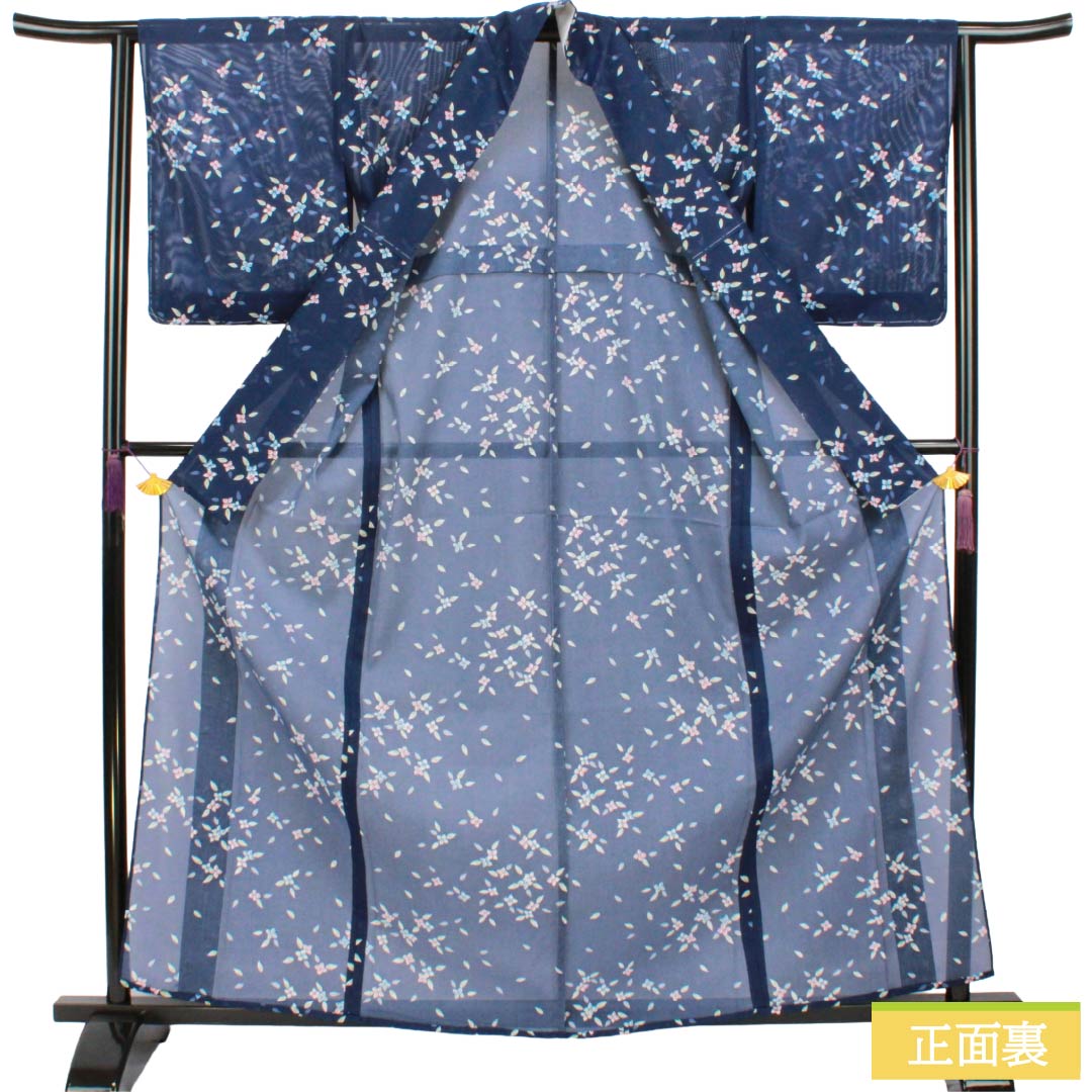 夏物 ポリエステル 小紋 Sランク 身丈162.5cm 裄丈64cm 紺色（こんいろ） 小花 洗える着物 絽 紺系 1132003552418