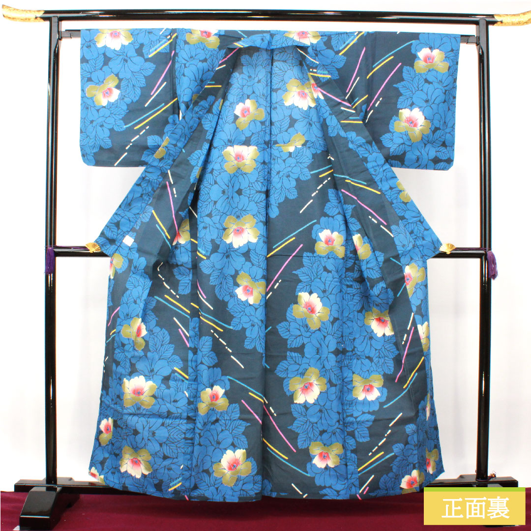 Yukata Cotton Length 161cm Sleeve length 65.5cm S rank Single layer Navy blue Navy iron color Camellia 1118005172418