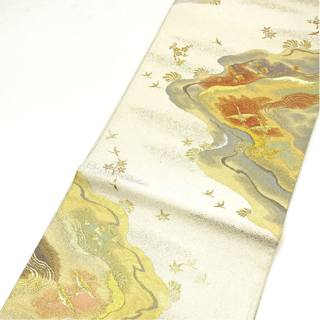 （未仕立）袋帯 となみ織物 流麗州浜文 帯丈454cm 正絹 NEWランク 六通 フォーマル 銀系 1123003571422