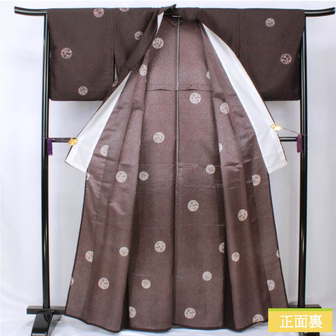 小紋 ポリエステル 身丈164.5cm 裄丈65.5cm 単衣 紫烏色（しうしょく） 雪輪 花びら 洗える着物 Sランク 紫系 1115006062420