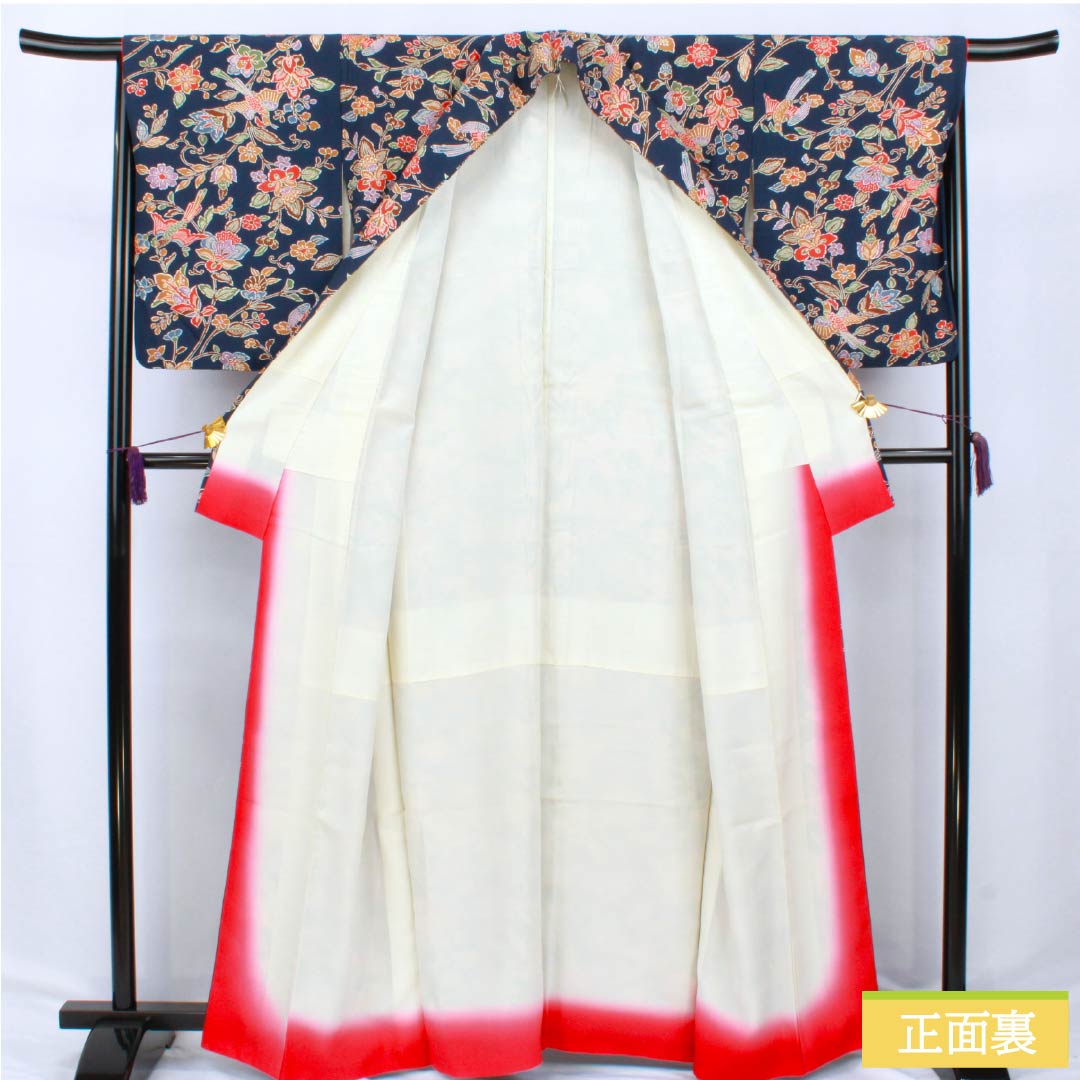 小紋 正絹 Sランク 身丈163cm 裄丈67cm 袷 紺色（こんいろ） 京紅型 草花 鳥 紺系 1115007092418