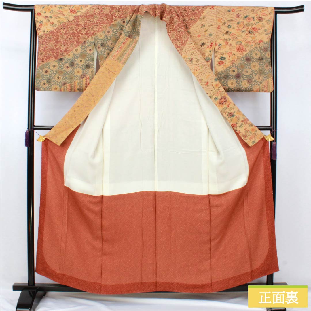 Hōmongi Kimono, Pure Silk, Rank S, Lined, Length 157cm, Sleeve-to-Sleeve 62.5cm, Pale Autumn Leaf Color, Artist-Designed, Kyō-bingata Dyeing, Auspicious Patterns, Pine, Bamboo, Plum, Chrysanthemum, Orange Family, 1112007382326