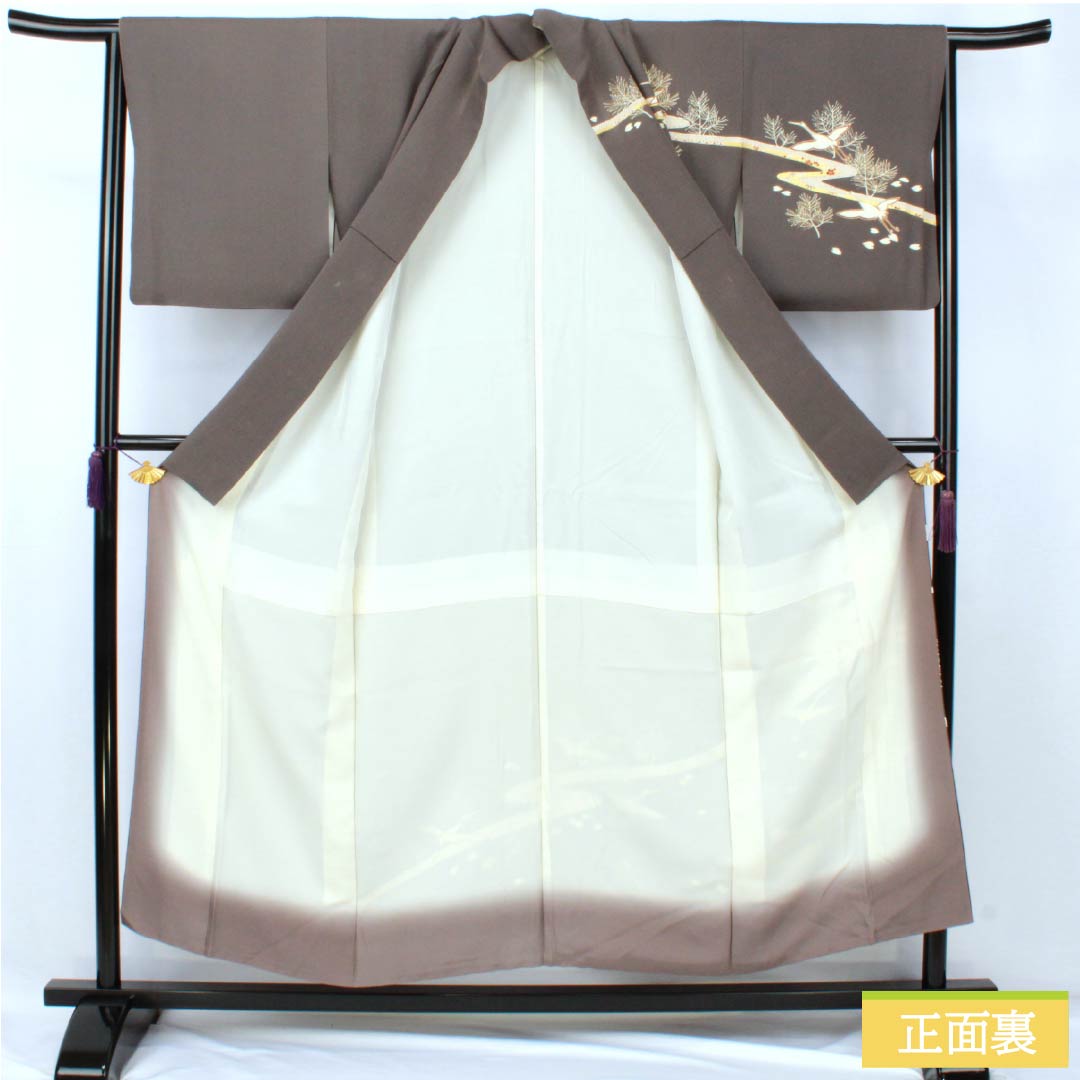 訪問着 正絹 Aランク 袷 身丈152cm 裄丈63.5cm 消炭色（けしずみいろ） 京友禅 一つ紋 陰上り藤 流水 鶴 グレー系 1112007203222