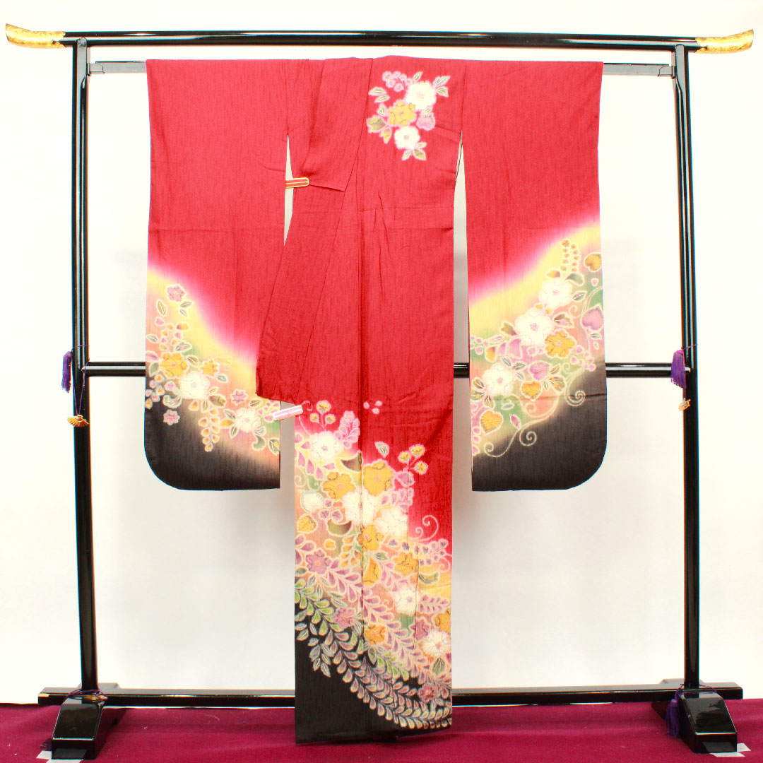 振袖 身丈160.5cm 裄丈63.5cm 袷  海老色 辻ヶ花  正絹 Aランク 赤系 1113001443412