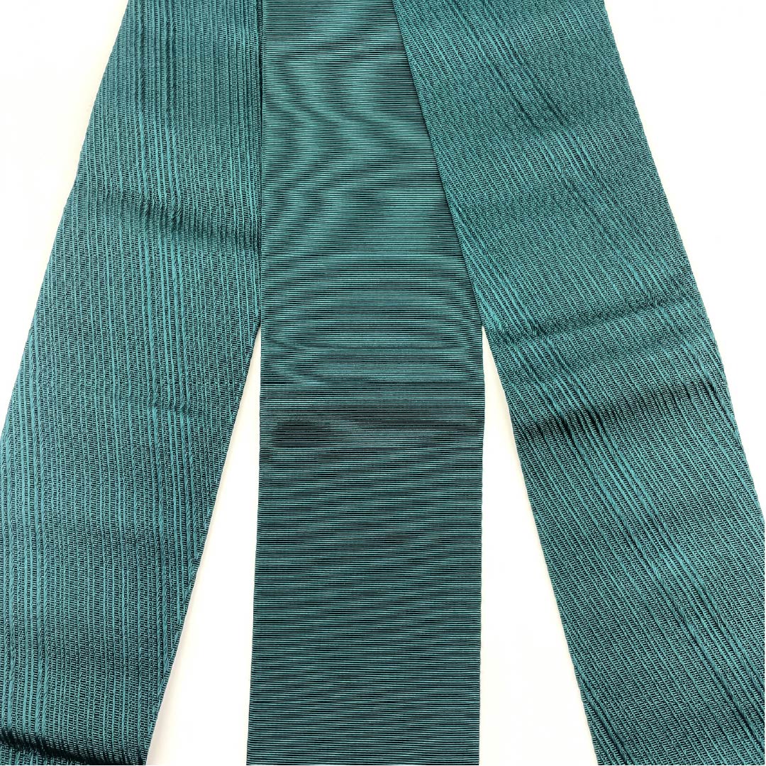 (Unmade) Kaku-obi (cotton sash) in deep green, diagonal lines, obi length 384cm, width 10cm, S rank, green 1134000442919
