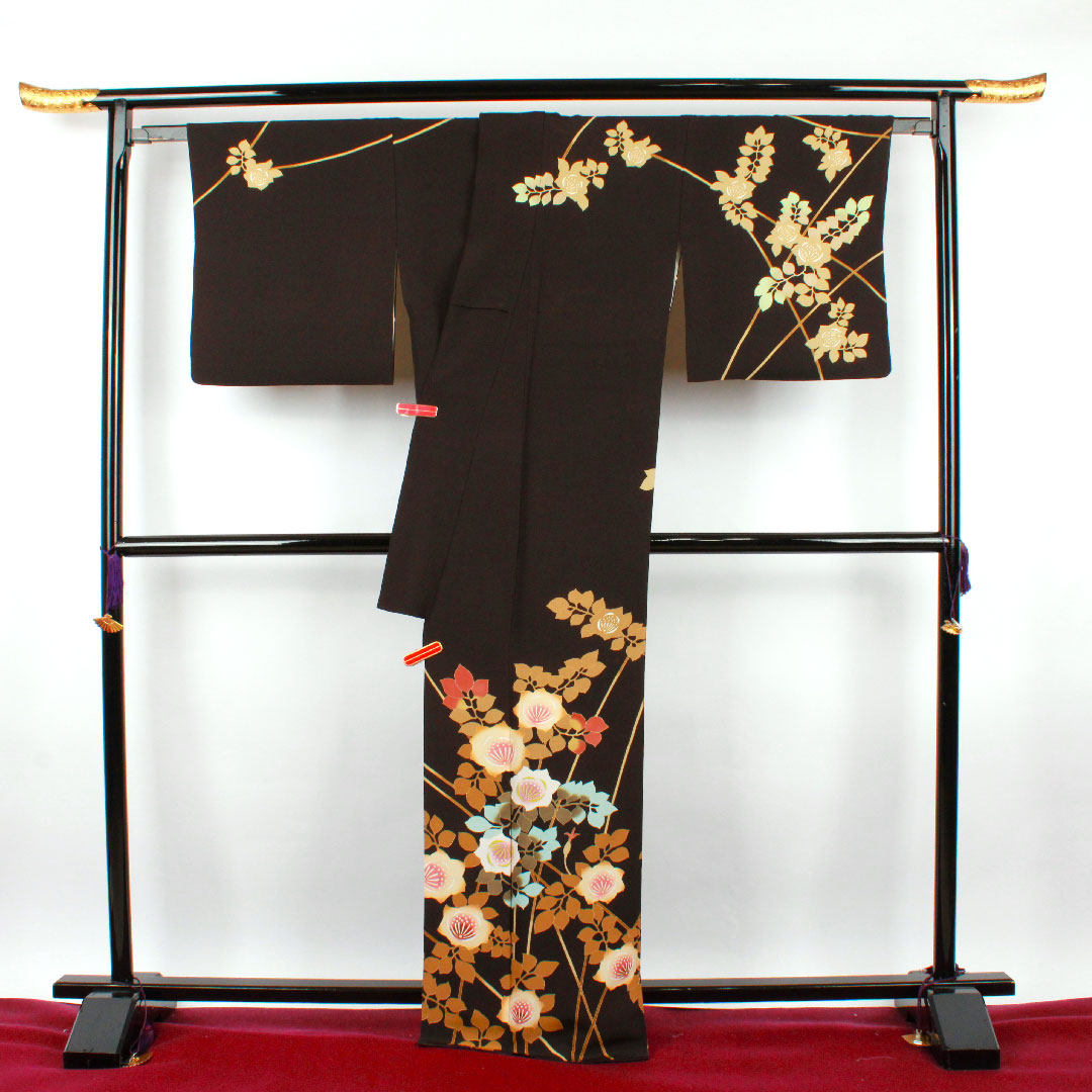 訪問着 袷 身丈161cm 裄丈70cm 黒鼠色 手描き友禅 草花模様 正絹 Sランク 黒系 1112001762410