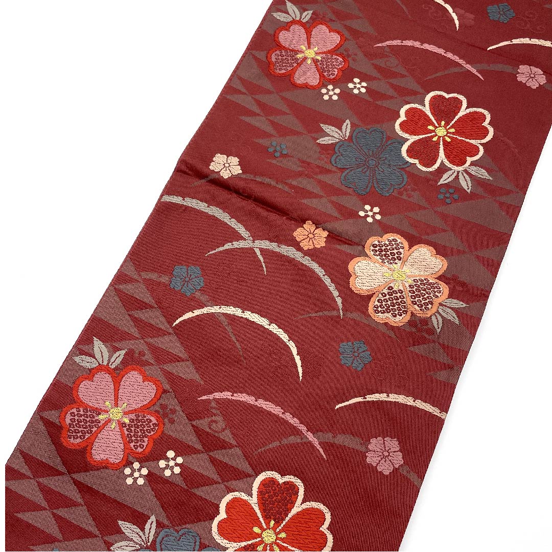 名古屋帯 京袋帯 深緋色 芝草 桜 鱗 唐草 帯丈381cm ポリ Sランク 六通 セミフォーマル 朱系 1124003322316  開き仕立て