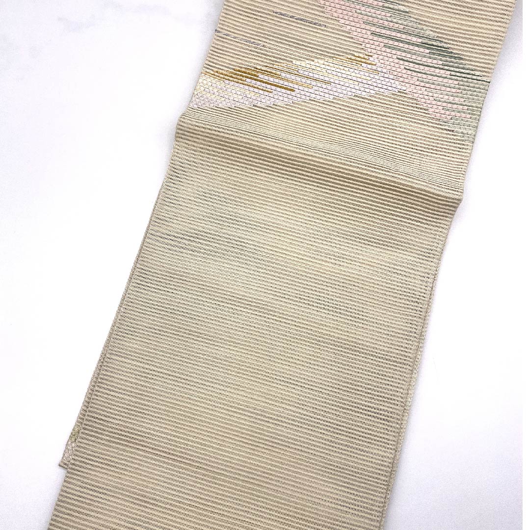 （新品未使用品）袋帯 夏帯 生成り色（きなりいろ） 幾何学模様 夏物 帯丈454cm 正絹 NEWランク ポイント柄 セミフォーマル ベージュ系 1123008481425