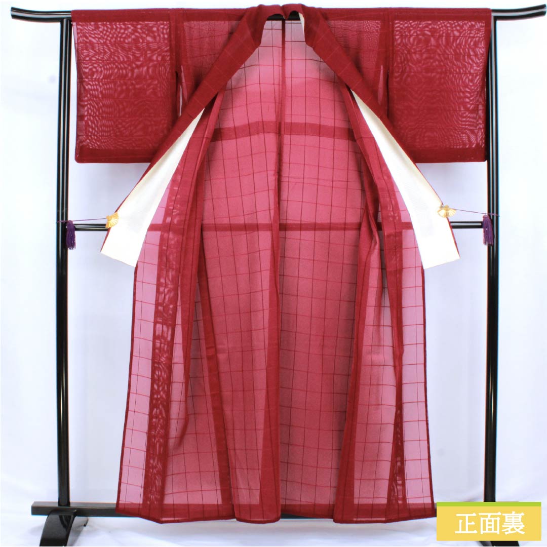 Summer pure silk tsumugi (pongee) kimono, length 159cm, sleeve length 64.5cm, crimson color, woven gauze pattern, checkered pattern, A rank, vermilion, 1132002763316