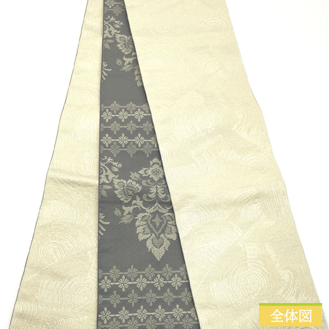 (New) Reversible Half-Width Obi, Polyester, NEW Rank, Ecru, Pewter, Geometric Circles, Abstract Floral Pattern, Length 400cm, Beige Tone, 1125002581425
