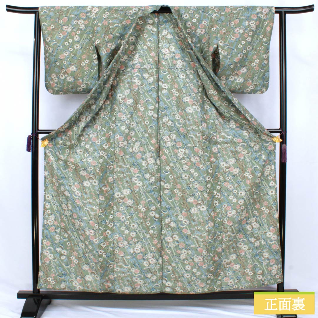 Polyester Komon, S Rank, Length 160cm, Yuki 62cm, Unlined, Ash Green, Stencil-dyed, Pine, Bamboo, Plum, Small Flowers, Washable Kimono, Green Tones, 1115007792419