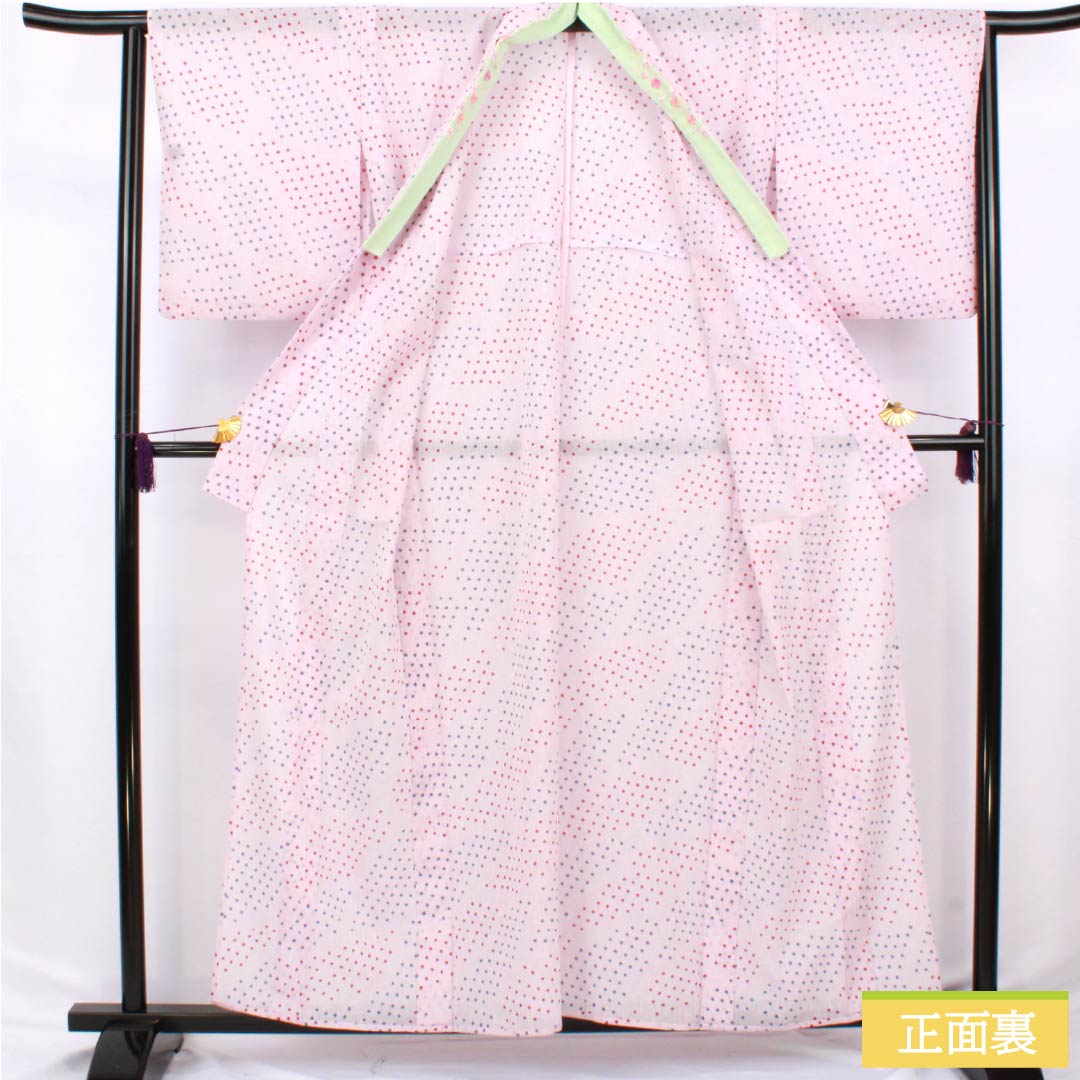 夏物 ポリエステル 小紋 身丈158cm 裄丈64cm 白梅色（しらうめいろ） ドット柄 刺繍 洗える着物 紗 Sランク ピンク系 1132002562313