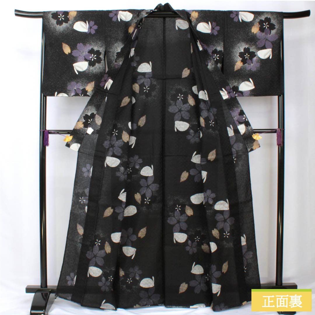 浴衣 木綿 身丈165.5cm 裄丈67.5cm Sランク 単衣 黒系 桜 雪うさぎ 1118006092510