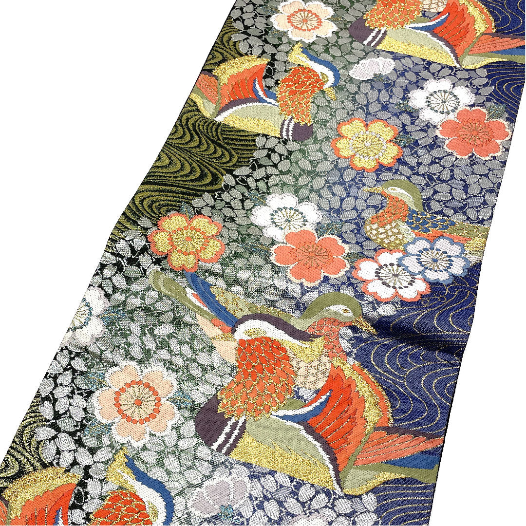 袋帯 振袖用 桜散らし鴛鴦紋 帯丈426cm 正絹 Sランク 全通 フォーマル 紺系 1123003932318