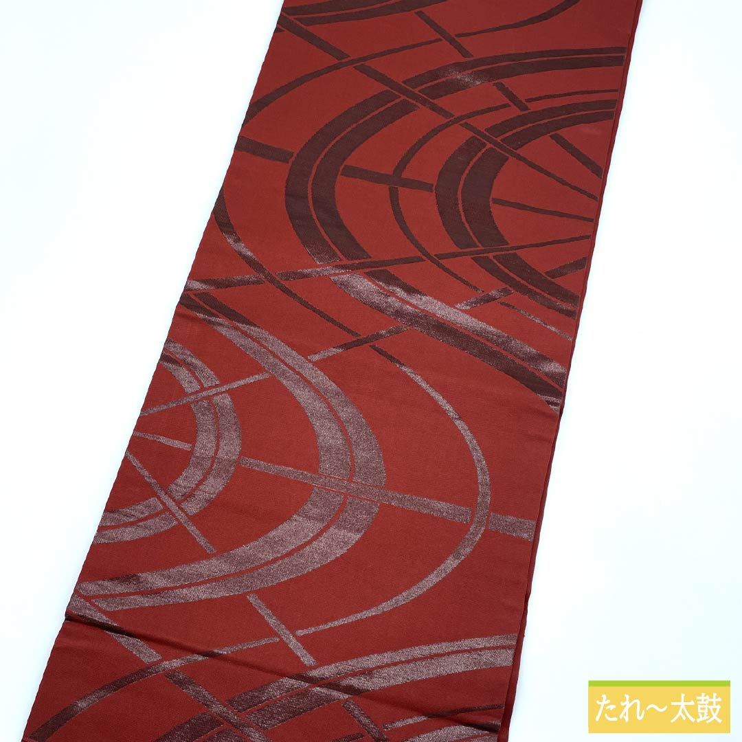 名古屋帯 正絹 Sランク 生臙脂色（しょうえんじいろ） うるし箔 番傘 帯丈353cm 六通 カジュアル 朱系 1124010502316 名古屋仕立て