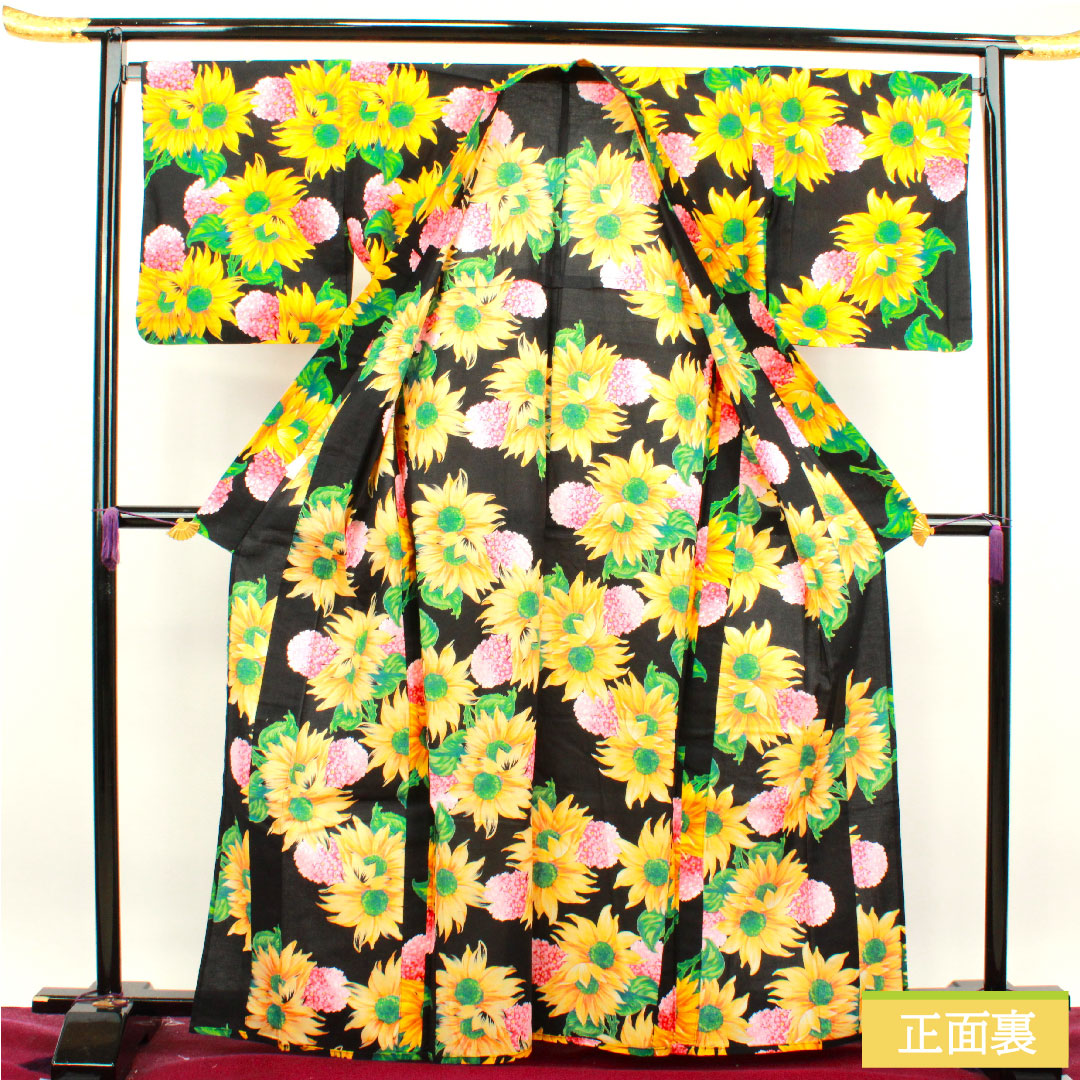 Yukata Cotton Length 165cm Sleeve length 69cm S rank Single layer Black Sunflower Hydrangea KENZO 1118004732510