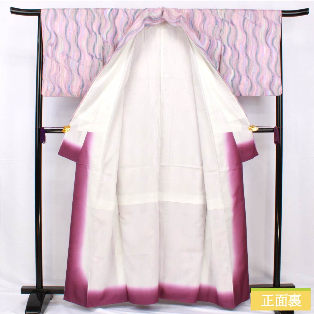 小紋 ポリエステル 身丈161.5cm 裄丈65.5cm 袷 洗える着物 よろけ縞 Sランク グラデーション系 1115005152499