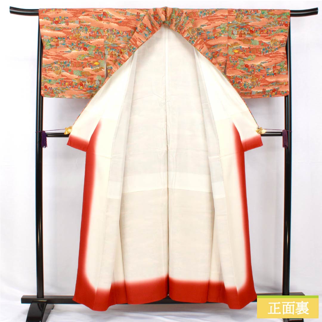 Komon, pure silk, length 155.5cm, sleeve length 66cm, lined, copper color (akaganeiro), historical picture scroll, S rank, brown, 1115005042314