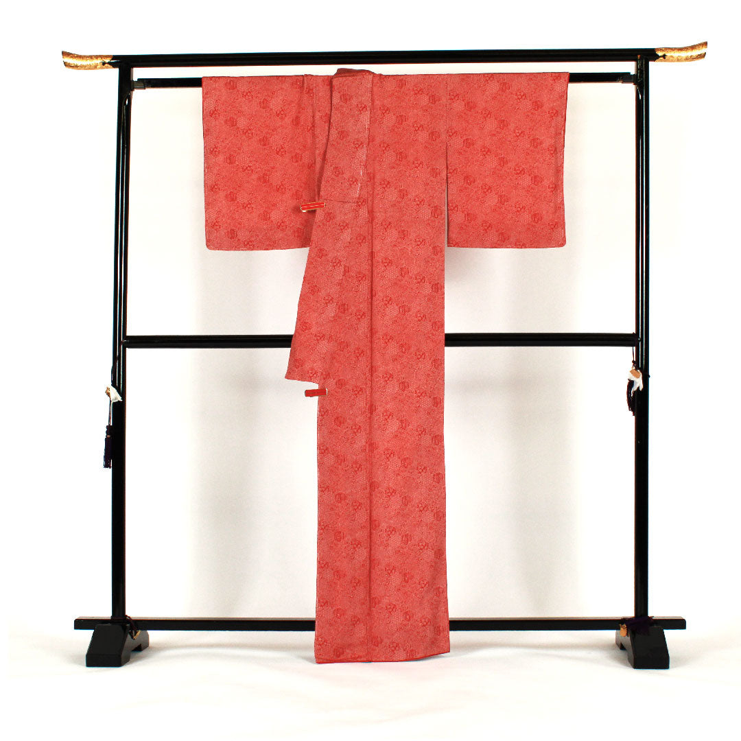 小紋 身丈164cm 裄丈64cm 袷  蝶と孔雀の羽 正絹 Sランク 朱系 1115000572316