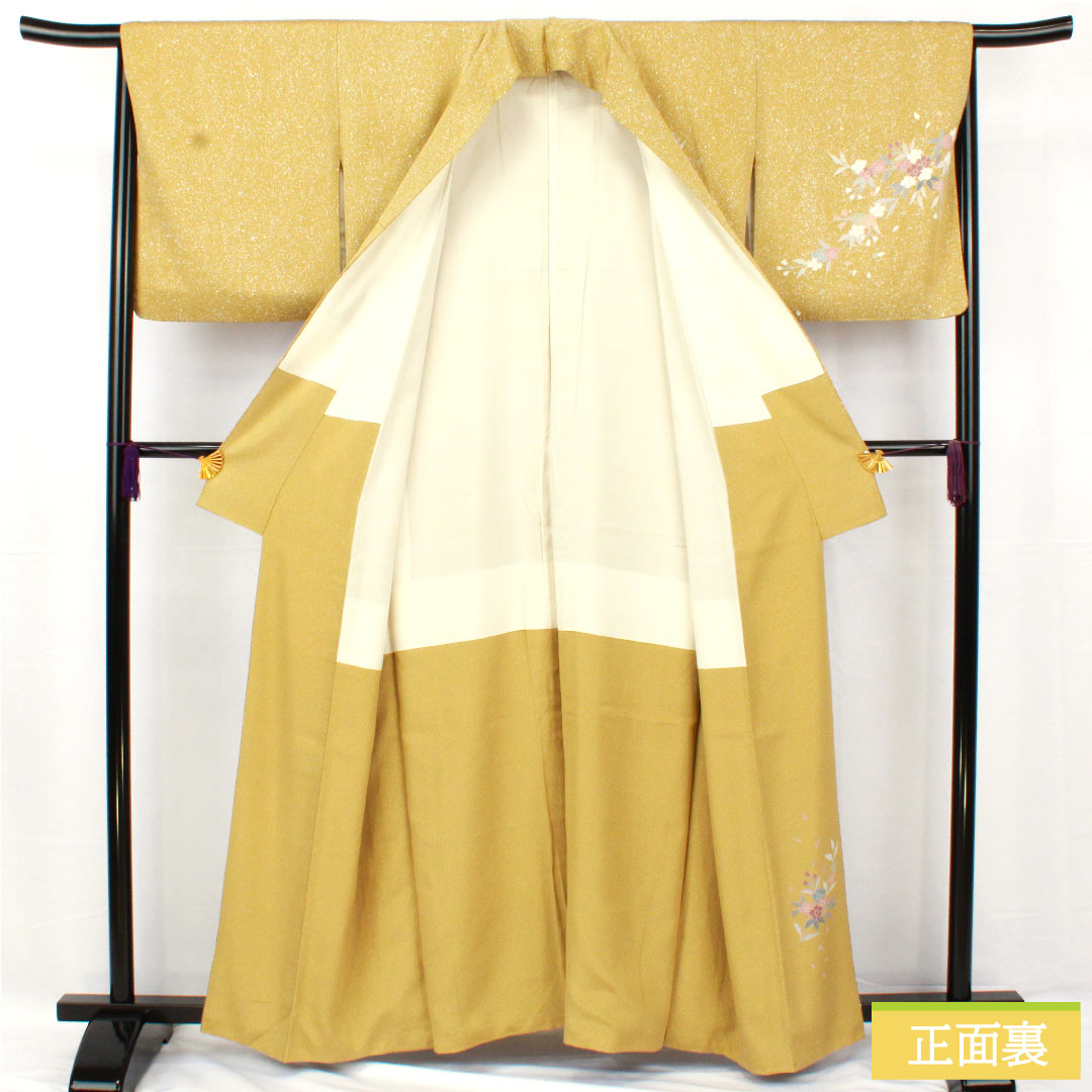 訪問着 正絹 袷 身丈160.5cm 裄丈65.5cm 梨子色（なしいろ） 京友禅 タタキ染 桜 Sランク 黄系 1112005622423