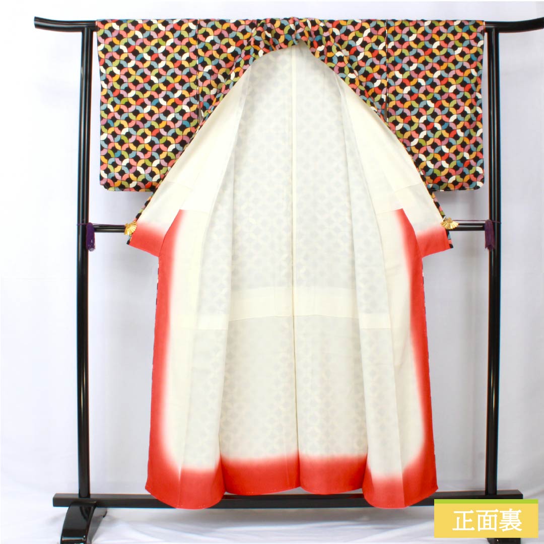 小紋 正絹 身丈154.5cm 裄丈62cm 袷 幾何学模様 しつけ糸付き Sランク 黒系 1115005652210