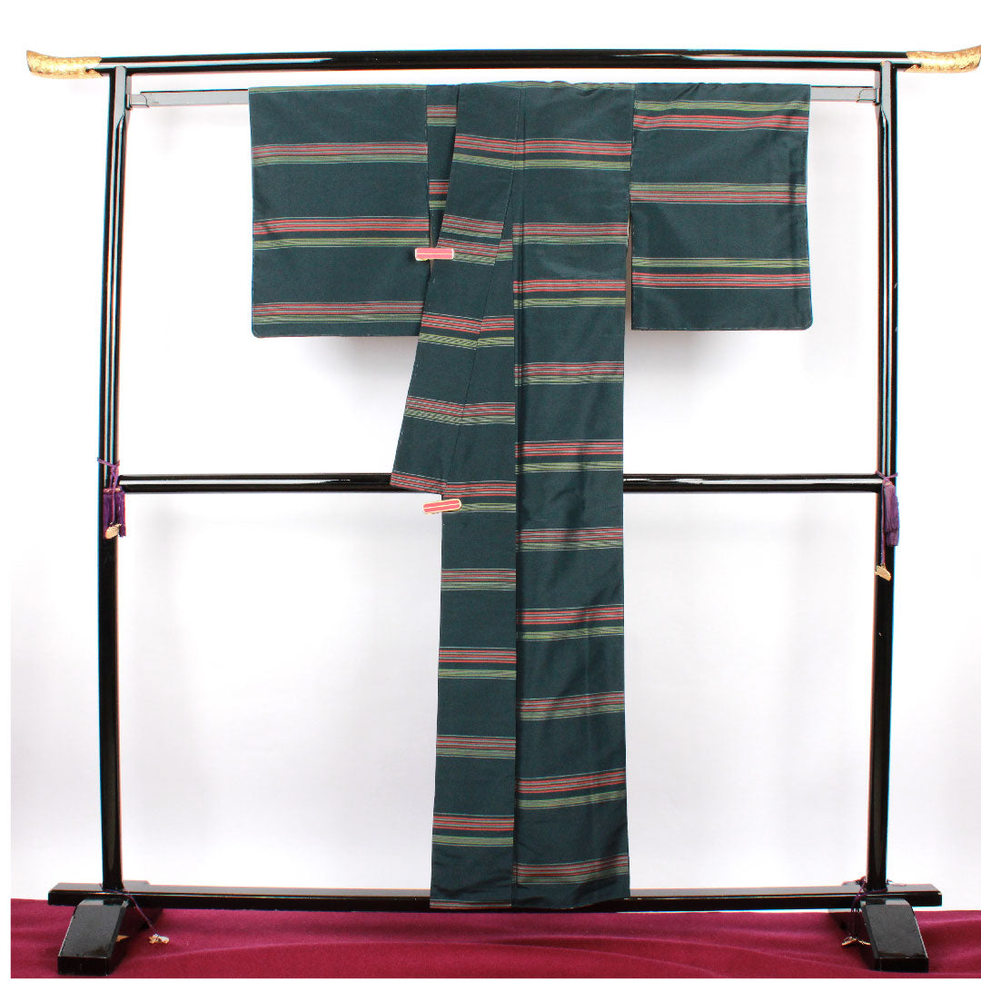 大島紬 身丈149.5cm 裄丈64cm 百入茶色 横縞模様 正絹 Sランク 袷 緑系 1116001662119