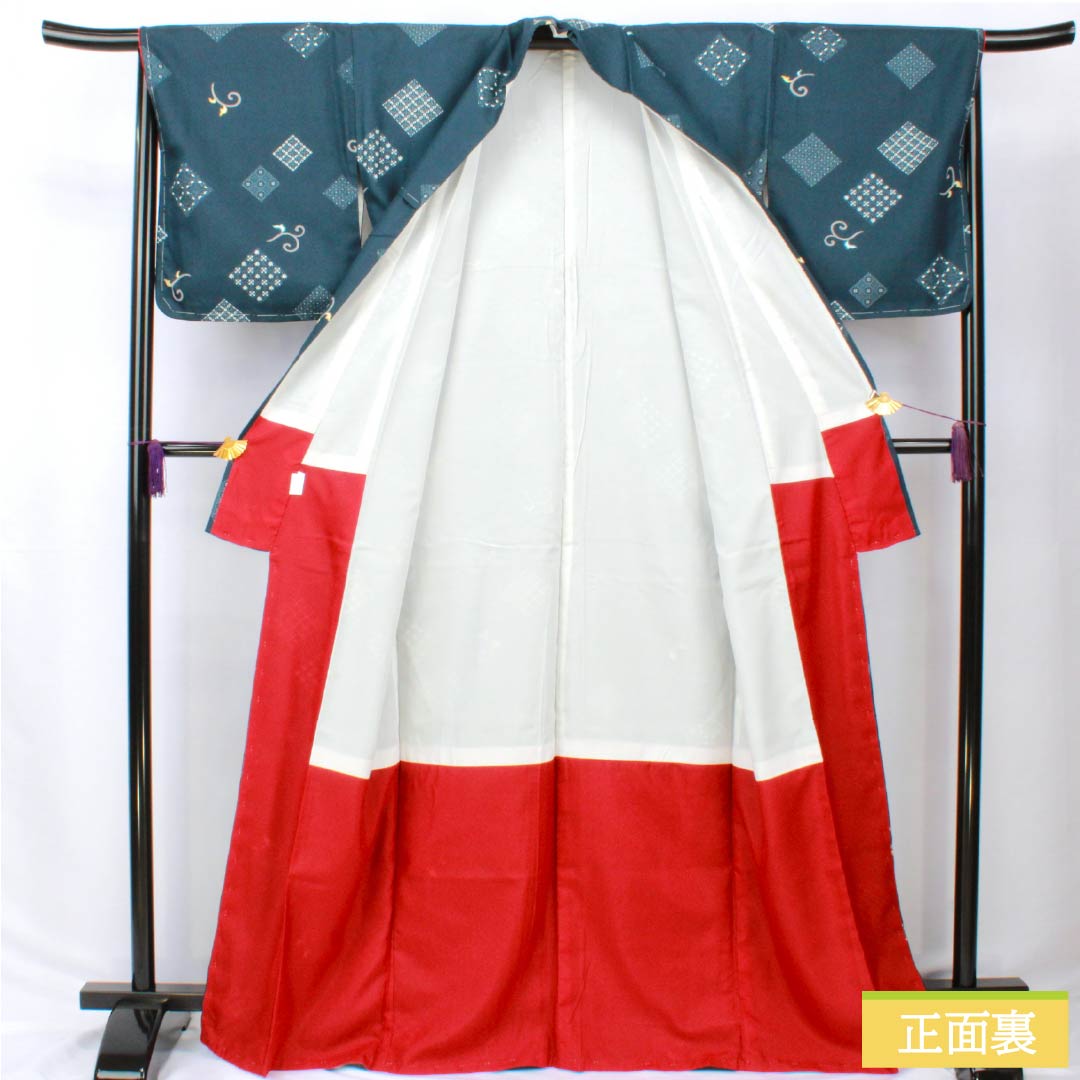 小紋 ポリエステル 身丈167.5cm 裄丈66cm 袷 深藍色（ふかあいいろ） 抽象模様 洗える着物 しつけ糸付き Sランク 紺系 1115006012518