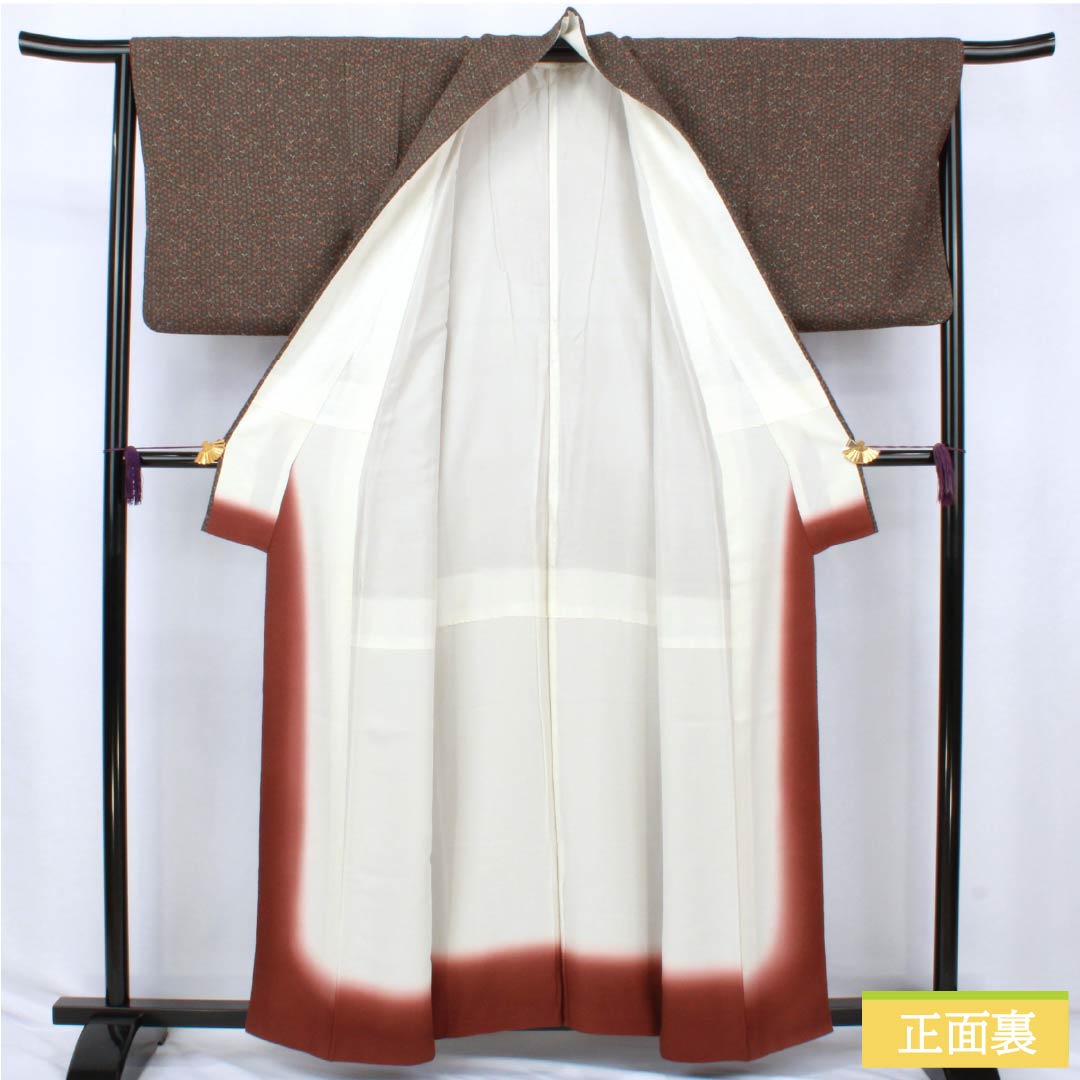 Komon silk kimono, S rank, length 159cm, sleeve length 66cm, lined, chestnut-colored crepe fabric with small flowers and brown accents, product number 1115007412314