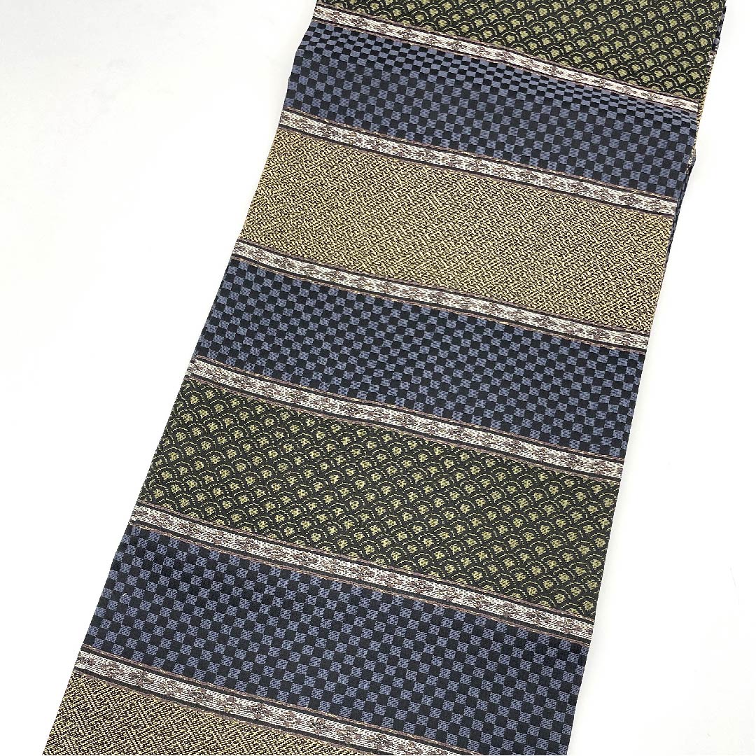 名古屋帯 グラデーション 市松 青海波 紗綾形 横段 帯丈375.5cm 正絹 Sランク 全通 カジュアル グラデ 1124003192399  名古屋仕立て
