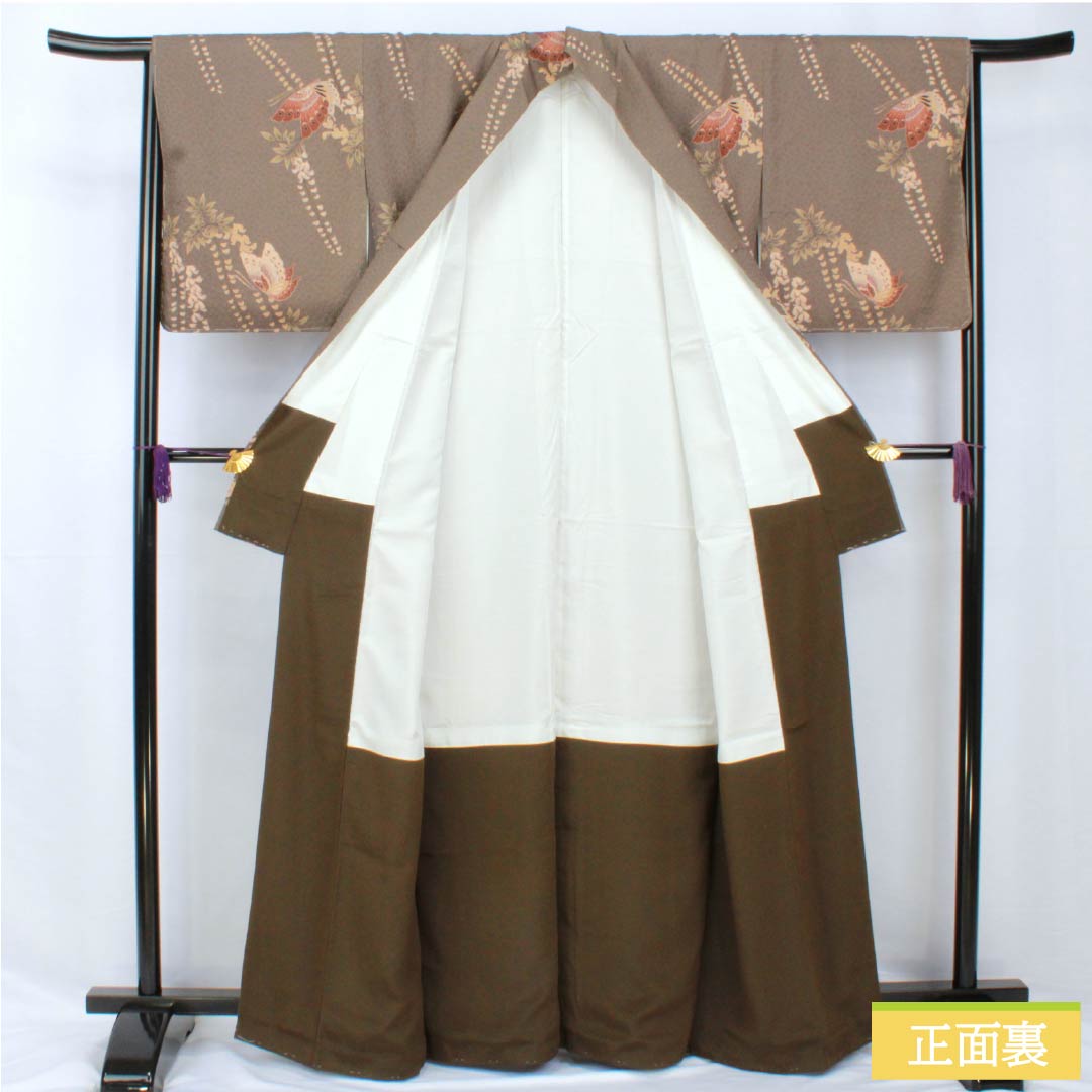 小紋 ポリエステル 身丈163.5cm 裄丈66cm 袷 消炭色（けしずみいろ） 藤 蝶 しつけ糸付き Sランク グレー系 1115005592422