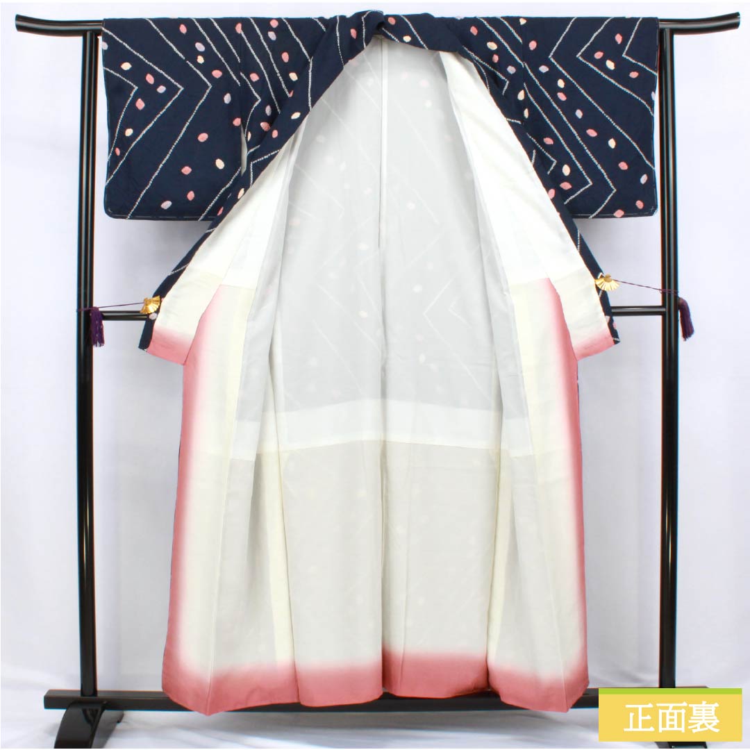 小紋 正絹 Sランク 身丈154.5cm 裄丈62.5cm 袷 濃紺色（のうこんいろ） 線 小帽子絞り しつけ糸付き 紺系 1115006762218