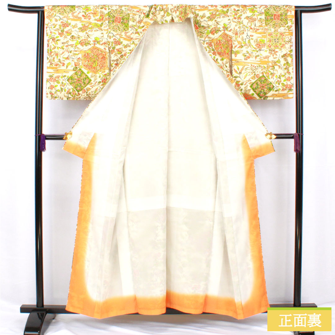 小紋 ポリエステル 身丈156cm 裄丈63cm 袷 乳白色（にゅうはくしょく） 更紗調 洗える着物 Aランク クリーム系 1115004503315