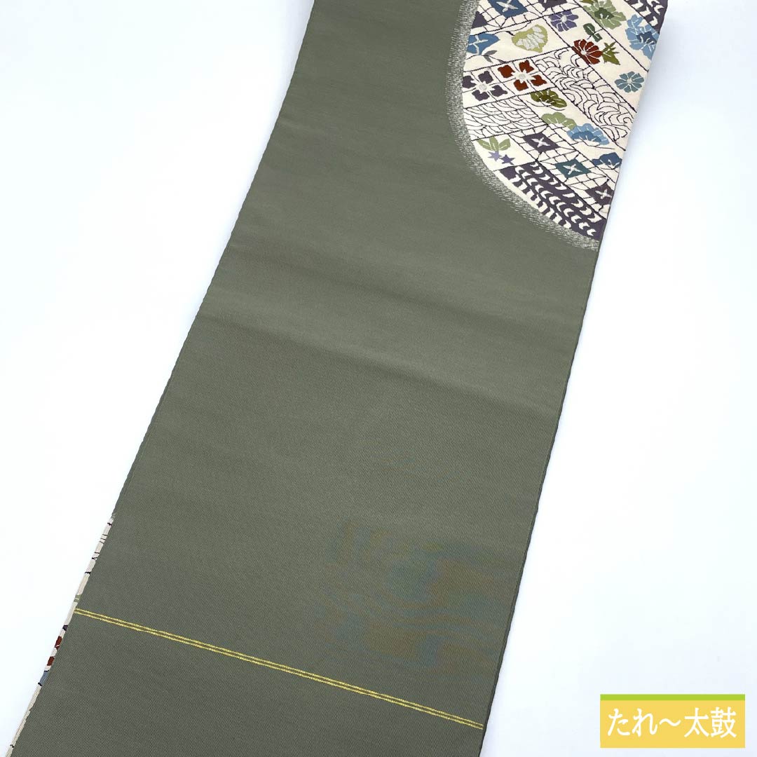 Nagoya Obi, Pure Silk, Grade A, Gray-Green (Haimidori-iro), Tapestry Weave, Classic Enso Pattern, Kiribame-style, 370cm Long, Pointed Pattern, Semi-Formal, Green, Item Number: 1124010563319, Pine Needle Style