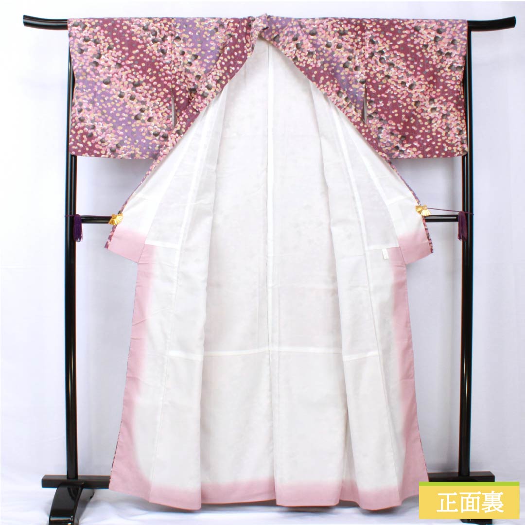 小紋 ポリエステル 身丈161.5cm 裄丈66cm 袷 蒲萄色（えびいろ） 古代紫色（こだいむらさきいろ） 型染 抽象柄 洗える着物 Aランク 紫系 1115005543420