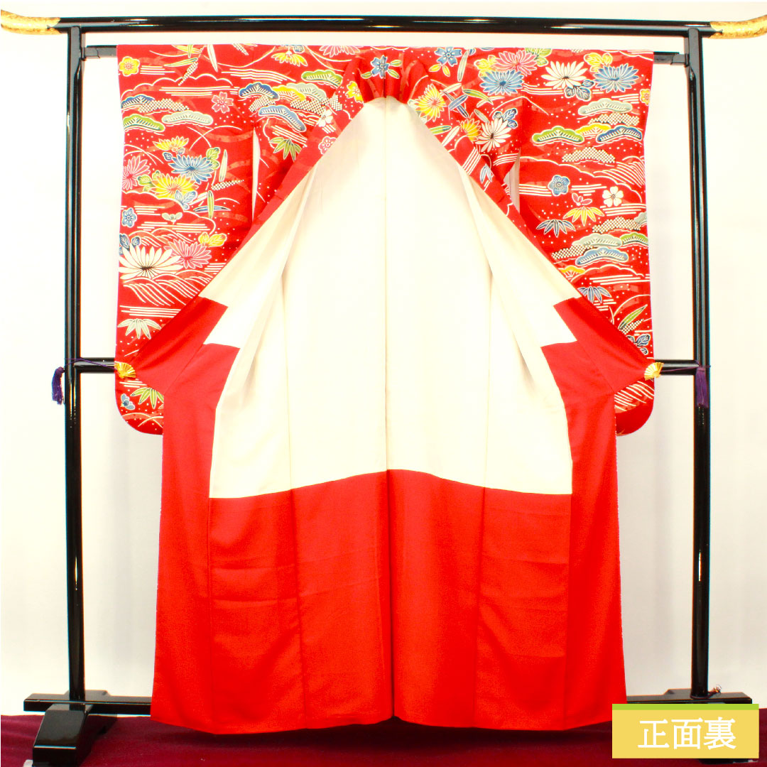 振袖 正絹 身丈160cm 裄丈62.5cm 袷 土耳古赤色（とるこあかいろ） 金通し 露芝 草花模様 Aランク 赤系 1113002043412