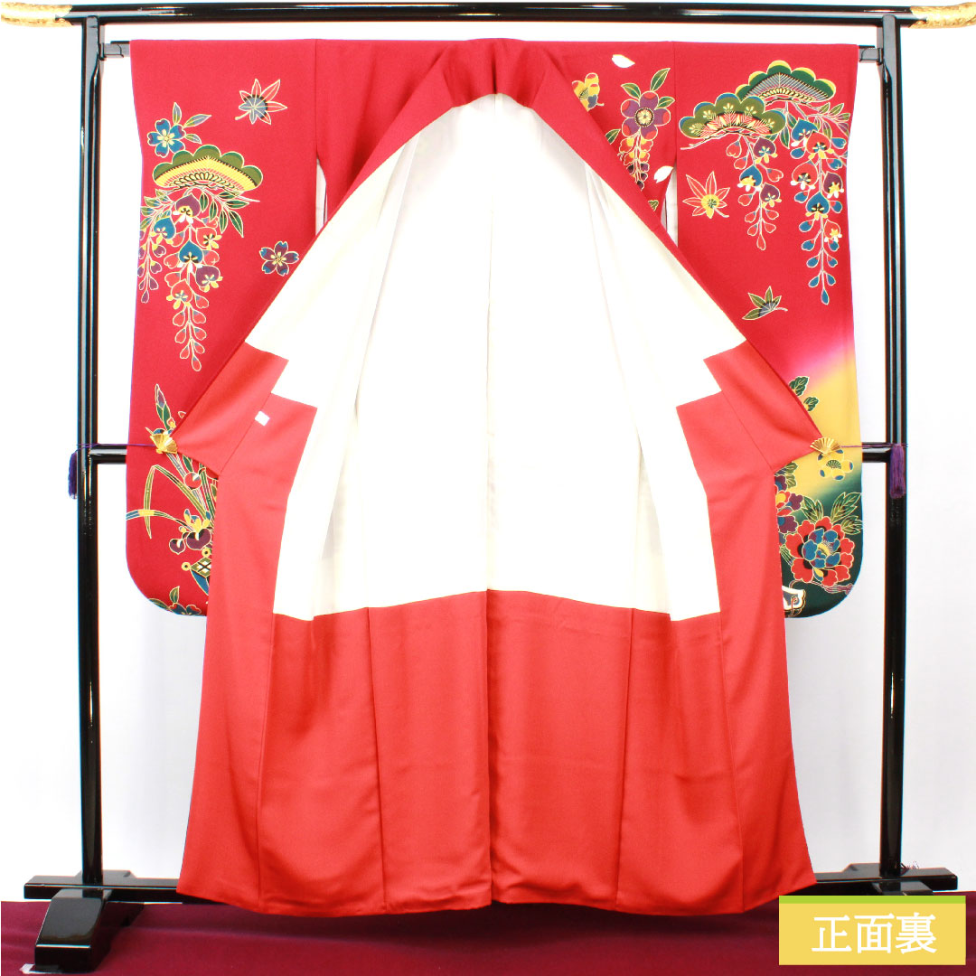 Furisode, pure silk, length 159.5cm, sleeve length 65.5cm, lined, crimson, Kyoto Bingata, auspicious motif, Scotchgard, S rank, red, 1113002122312