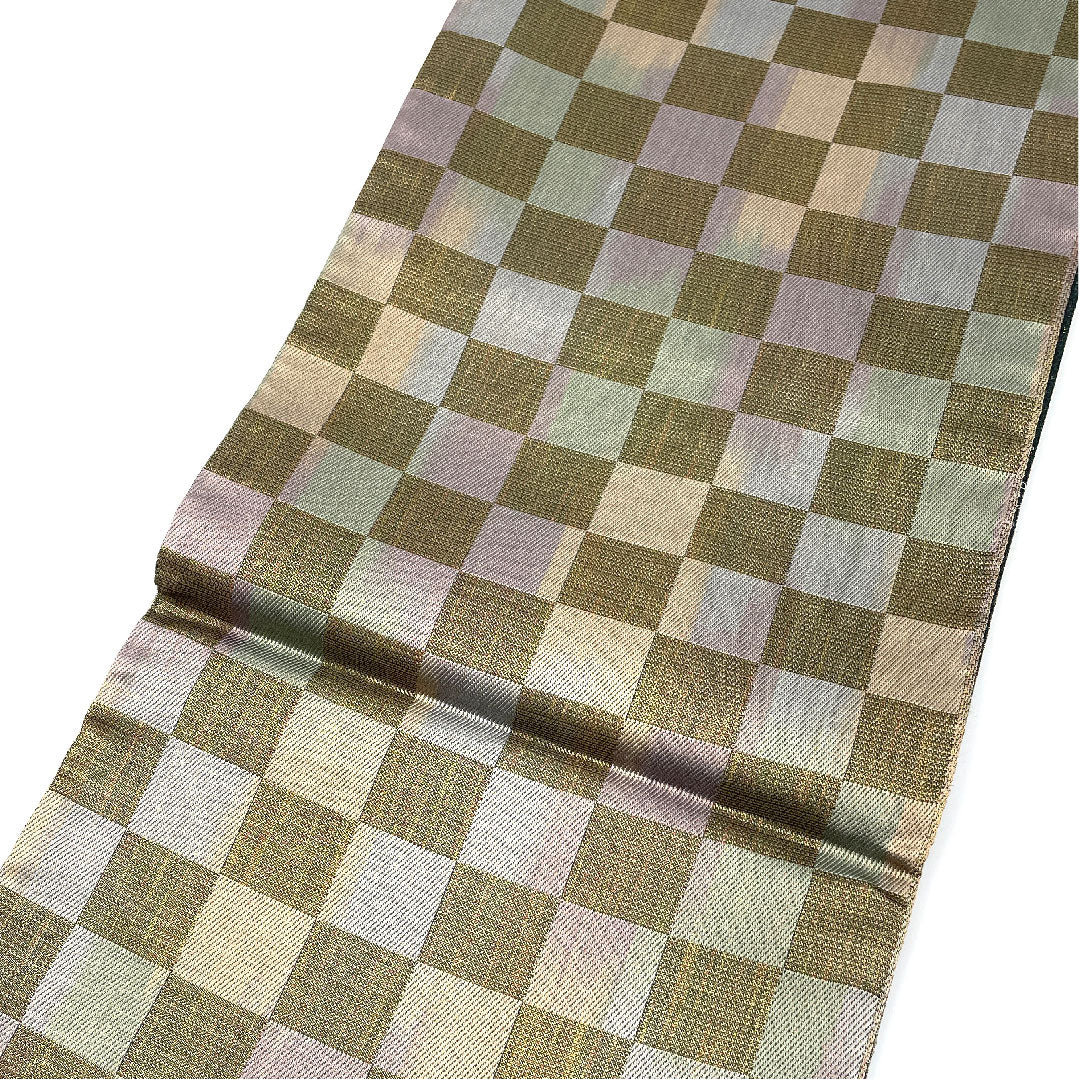 袋帯 全通全景 市松 縞 リバーシブル 帯丈440cm 正絹 Sランク 全通 セミフォーマル グラデーション系 1123003762399