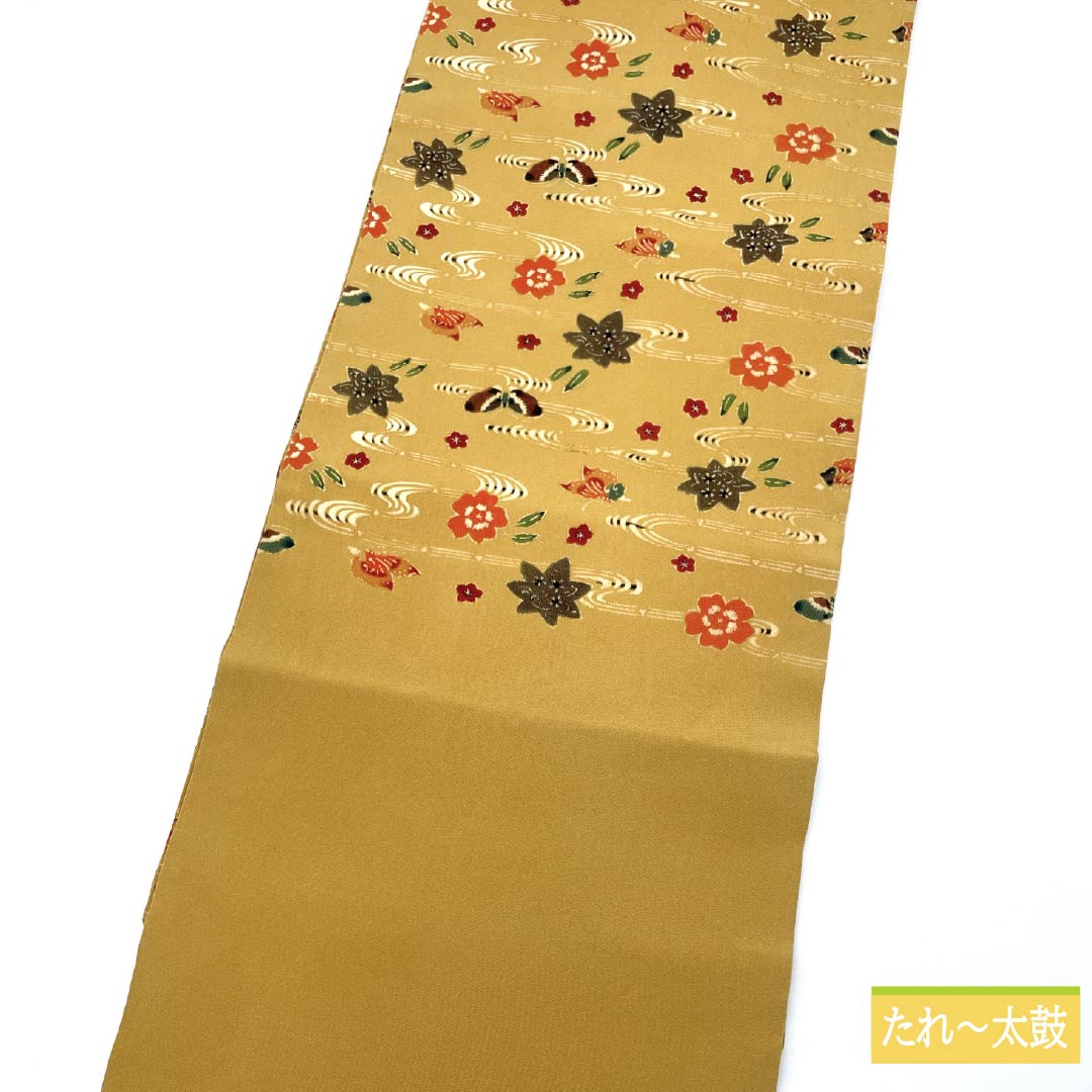 名古屋帯 土布色（トウプースーいろ） 京紅型 蝶 紅葉 帯丈352cm 正絹 Aランク 六通 カジュアル 黄系 1124006563323 名古屋仕立て