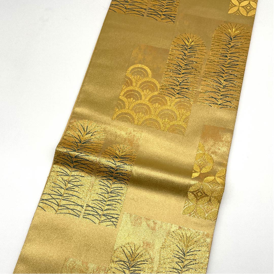 袋帯 金色 松葉 青海波 七宝 帯丈458cm 正絹 Aランク 六通 フォーマル 金系 1123005923421