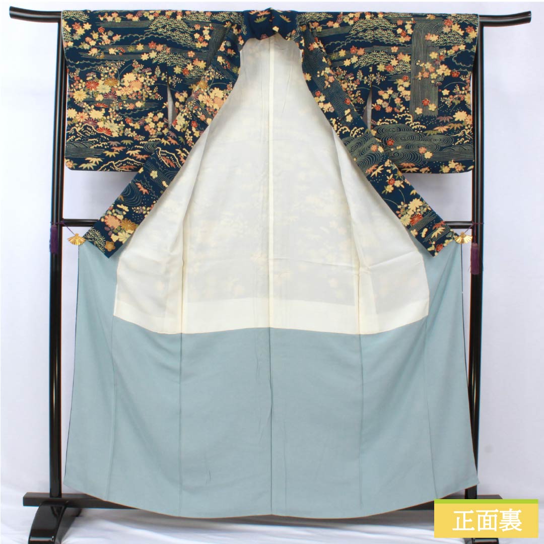 訪問着 正絹 Aランク 袷 身丈160cm 裄丈64.5cm 紺色（こんいろ） 型染 流水 小花 紺系 1112006913418