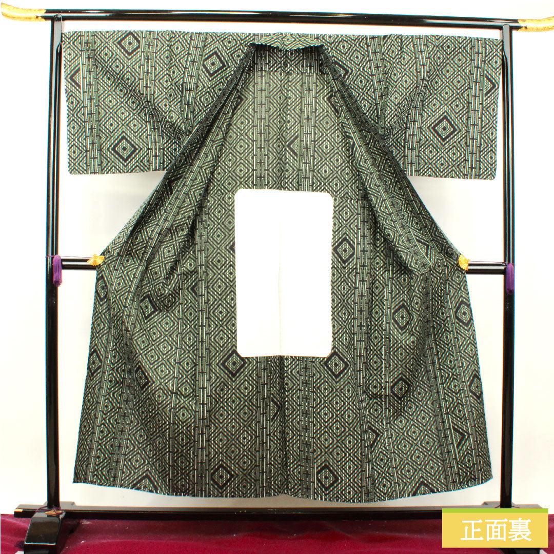 Yukata, cotton, length 153.5cm, sleeve length 73cm, S rank, single layer, green, Shimamatsunezuiro, men's, geometric pattern, Kansai Yamamoto, 1118004902519