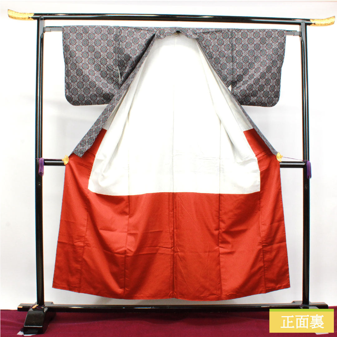 村山大島紬 正絹 身丈153.5cm 裄丈62cm  アンサンブル 幾何学模様 Aランク 袷 黒系 1116002973210