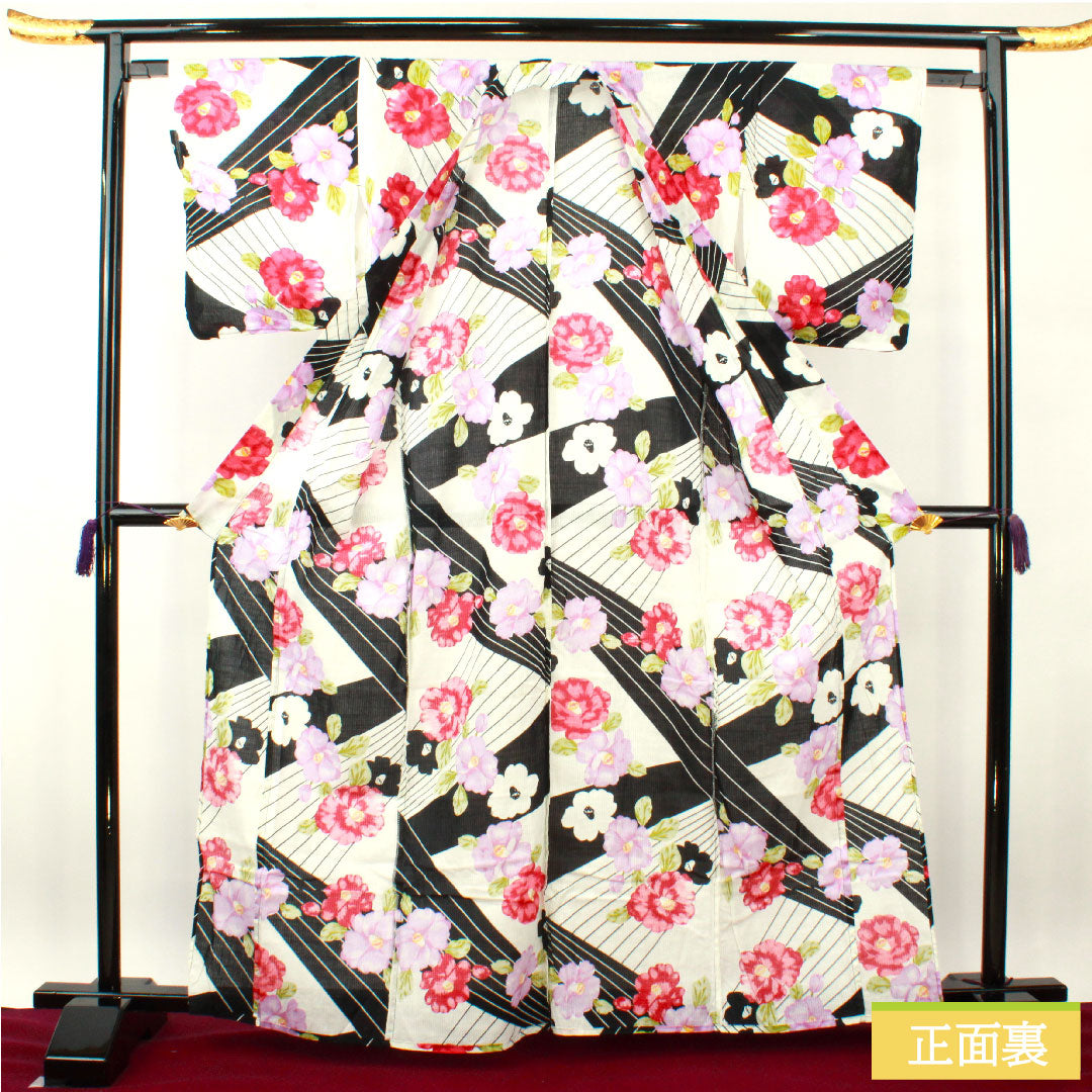 浴衣 木綿 身丈163.5cm 裄丈64cm Sランク 単衣 モノトーン 椿 1118005092427