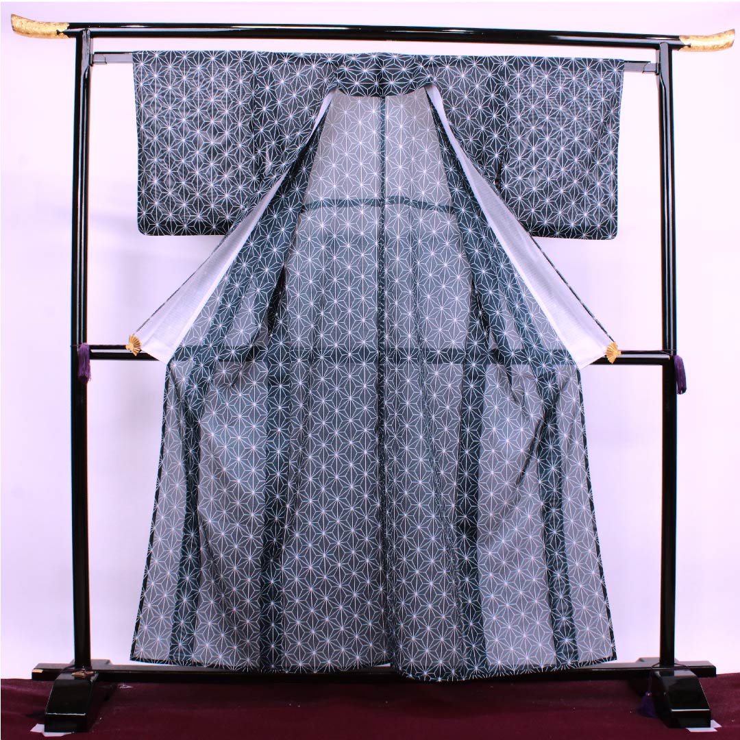 夏物 ポリエステル 小紋 身丈157.5cm 裄丈61.5cm 青墨色（あおずみいろ） 麻の葉 絽 Sランク 紺系 1132000252318