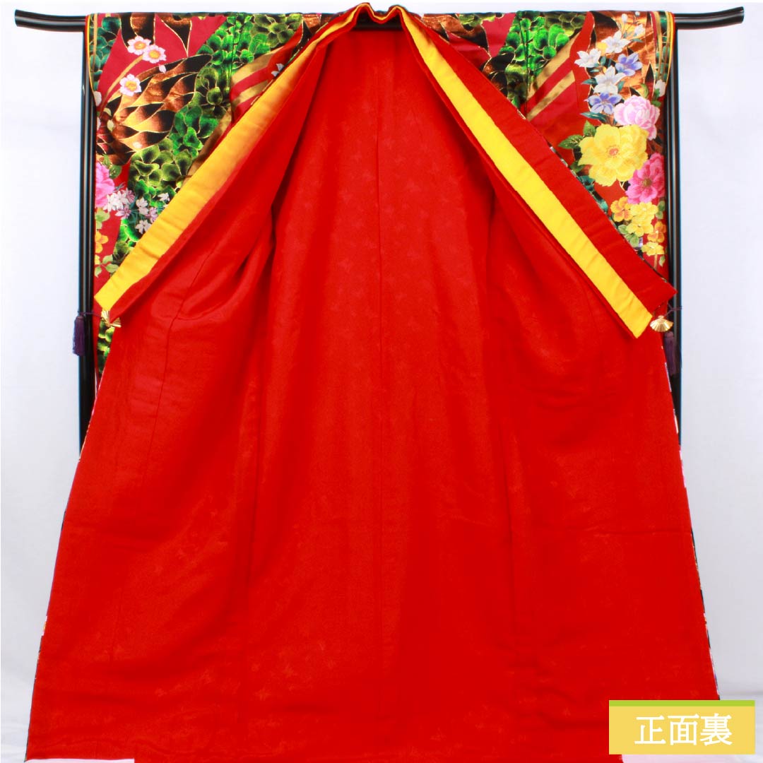 色打掛 正絹 Sランク 身丈188cm 裄丈67cm 真紅色（しんくいろ） 森英恵 HANAE MORI 唐織 蝶 袷 赤系 1110001102912