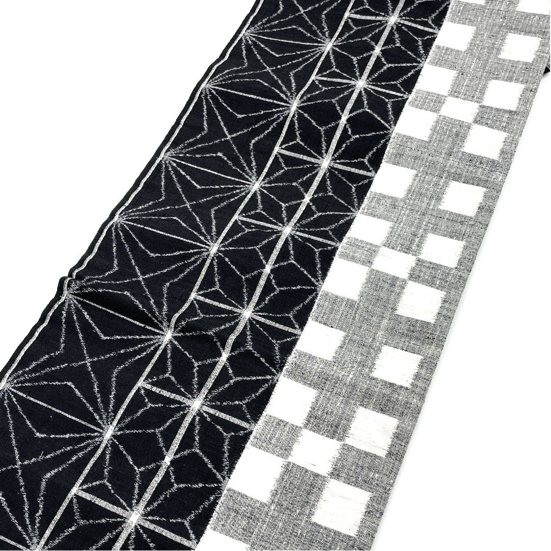 名古屋帯 麻の葉 市松 紬地 本真綿帯丈355cm 正絹 Aランク 六通 カジュアル 黒系 1124001553310  名古屋仕立て