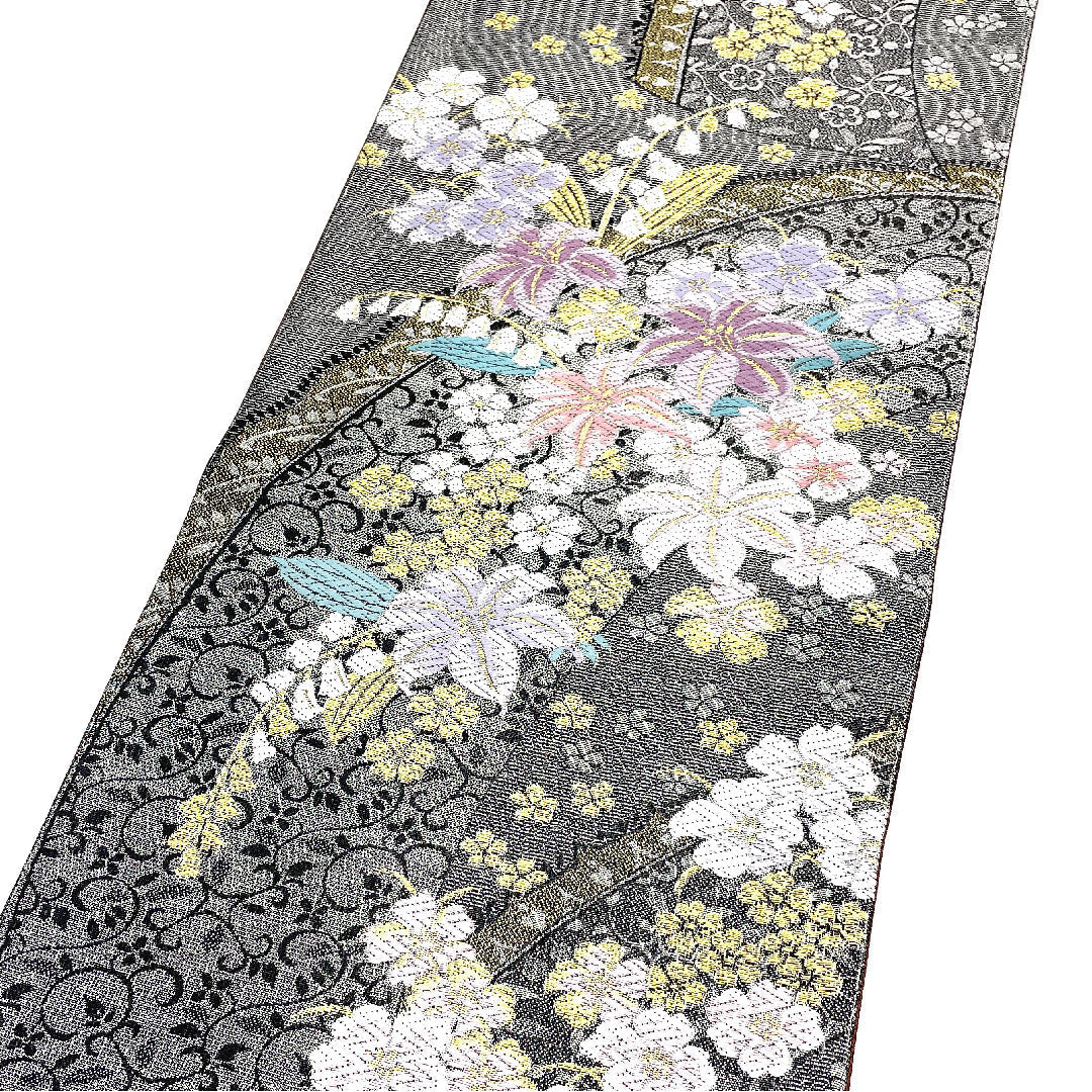 （未仕立）袋帯 花柄 振袖用 桜 帯丈455cm 正絹 NEWランク 六通 セミフォーマル 黒系 1123002501410