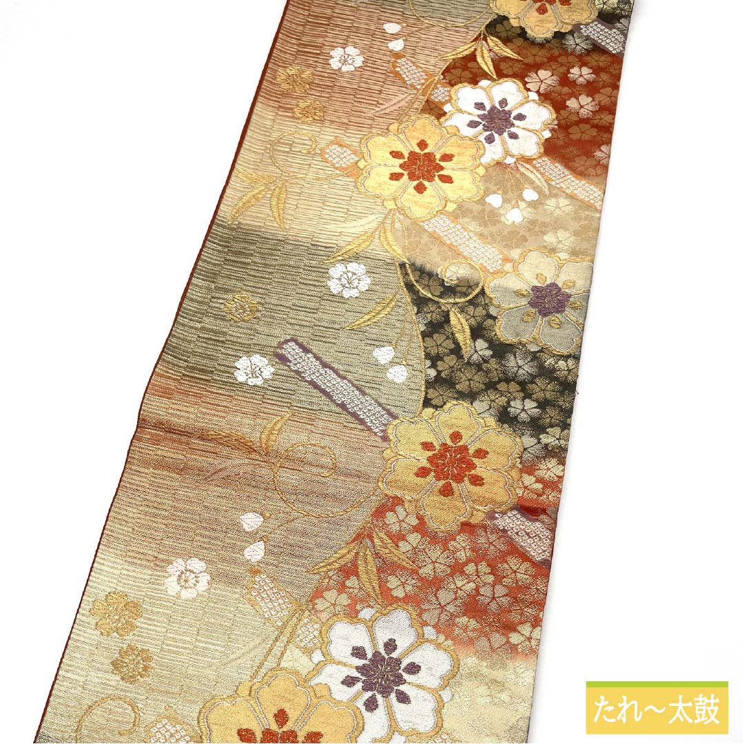 袋帯 正絹 振袖用 花唐草 鹿の子 帯丈424cm Sランク 六通 フォーマル グラデーション系 1123013732399