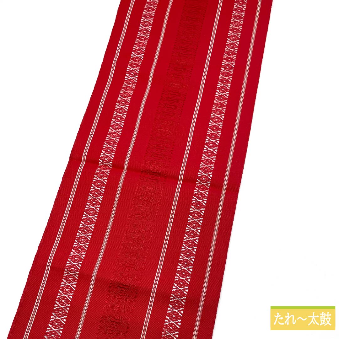 （未仕立）名古屋帯 土耳古赤色（とるこあかいろ） 博多織 献上柄 帯丈376cm 木綿 Sランク 全通 カジュアル 赤系 1124006892312 開き仕立て