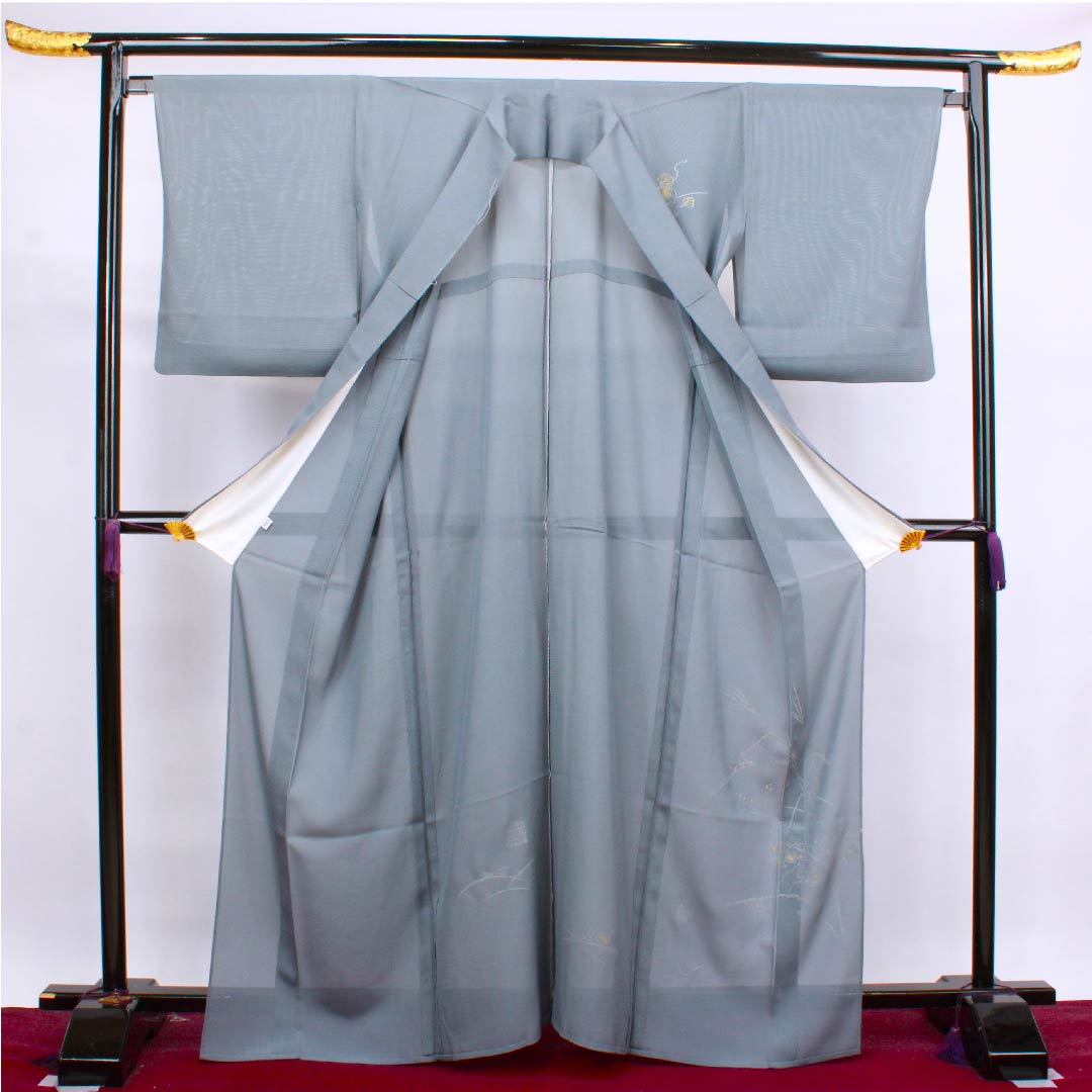 夏物 正絹 訪問着 身丈165cm 裄丈66.5cm 灰青色（はいあおいろ）鈴虫 ススキ 絽 Sランク グレー系 1132000052522